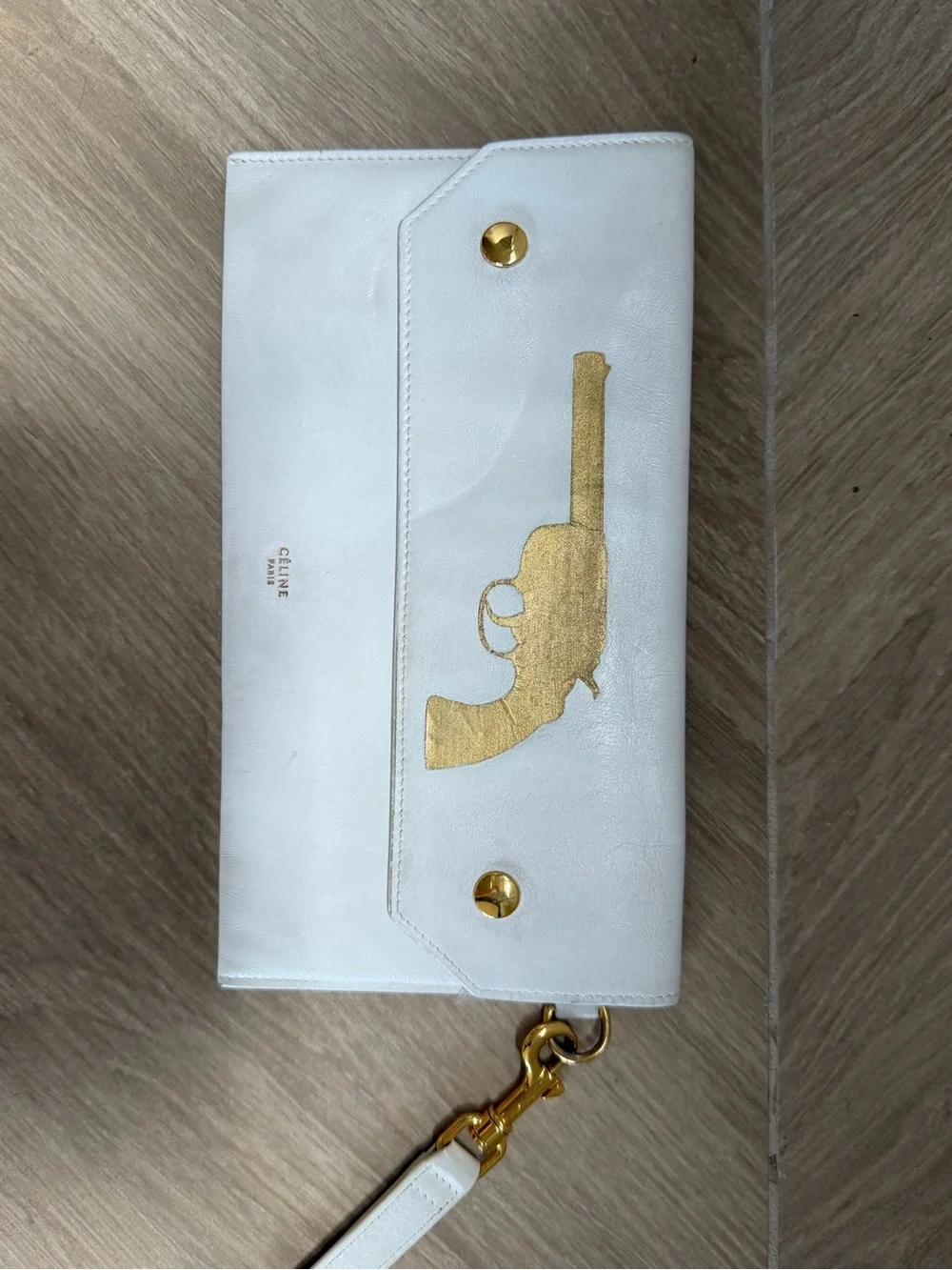 Celine White Leather Wristlet Clutch with Gold Gun